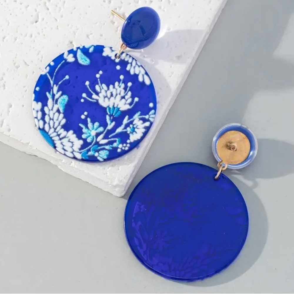 Royal Blue Floral Round Shaped Acrylic Earrings